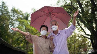 Asyalı yaşlı çift yağmur parkında yürüyor şemsiyesini paylaşıyor romantik aşk yaşam tarzı