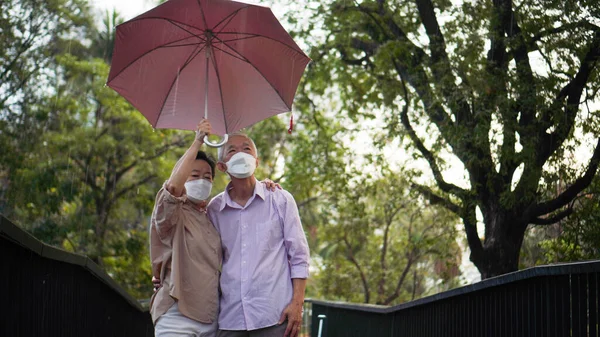Asiática Mayor Pareja Ancianos Caminando Lluvia Parque Compartir Paraguas Romántico —  Fotos de Stock