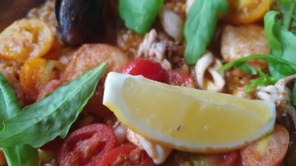 Paella Seafood Spanish Food Rice Baked Mussle Squid Fish Shrimp — Stock Video