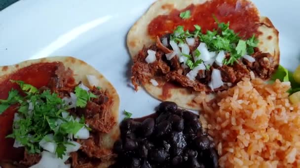 Trageți Carnitas Chorizo Mâncare Picantă Mexicană Salsa Cilantro Lime — Videoclip de stoc