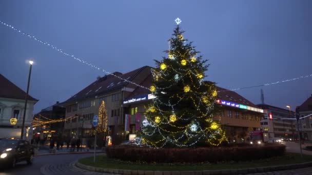 Maribor Slovenië Dec 2023 Stadsplein Kerstversiering Boomverlichting Reuzenrad Europese Kerstmarkt — Stockvideo