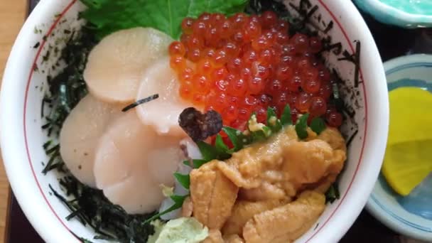 Hokkaido Berömda Färsk Fisk Och Skaldjur Över Ris Donburi Lax — Stockvideo
