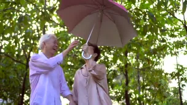 Aziatisch Senior Paar Holding Paraplu Wandelen Regen Park Oefening Regenseizoen — Stockvideo
