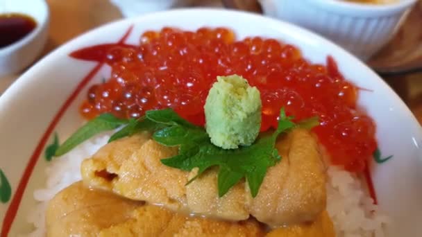 Rohe Seeigel Und Lachsrogen Über Reisdonburi Japanische Berühmte Hokkaido Meeresfrüchte — Stockvideo