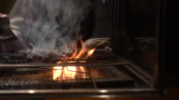 Flacără Cărbune Peste Grătar Yakitori Stil Japonez Pui Skebers Tradițional — Videoclip de stoc