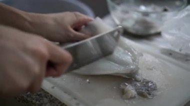 Kadın el bıçağı, mürekkep balığı dilimleme, mürekkep balığı temizleme, deniz mahsulleri ev mutfağı hazırlama, 4k
