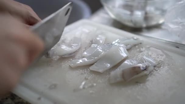 Woman Hands Knife Cutting Slicing Fresh Squid Cuttlefish Cleaning Preparing — Stock Video