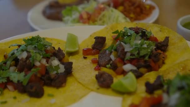 柔らかいトウモロコシトルティラカルニタスパイシーな豚肉タコと新鮮なタマネギのコリアントロライムとサルサメキシコ料理 — ストック動画