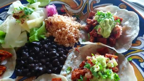 Μαλακό Ανοικτό Taco Κοτόπουλο Salsa Και Αβοκάντο Μεξικάνικη Κουζίνα Τροφίμων — Αρχείο Βίντεο