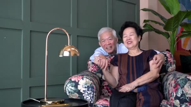 Πλούσιο Πλούσιο Όμορφο Ασιατικό Ηλικιωμένο Ζευγάρι Ηλικιωμένων Πολυτελές Σπίτι Κρατήσει — Αρχείο Βίντεο