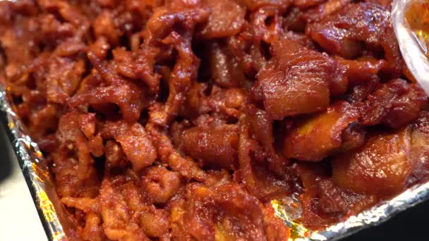 Stir Fried Bulgogi Pork Belly Fat Meat Red Korean Sauce — Stock Video