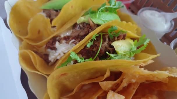 Hand Essen Mais Tortilla Carnitas Taco Mit Avocado Mexikanischen Mohn — Stockvideo