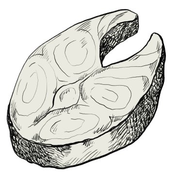 Balık bifteği fileto deniz ürünleri yemeği ızgara kalem resimli somon balığı morina balığı balığı resmi.