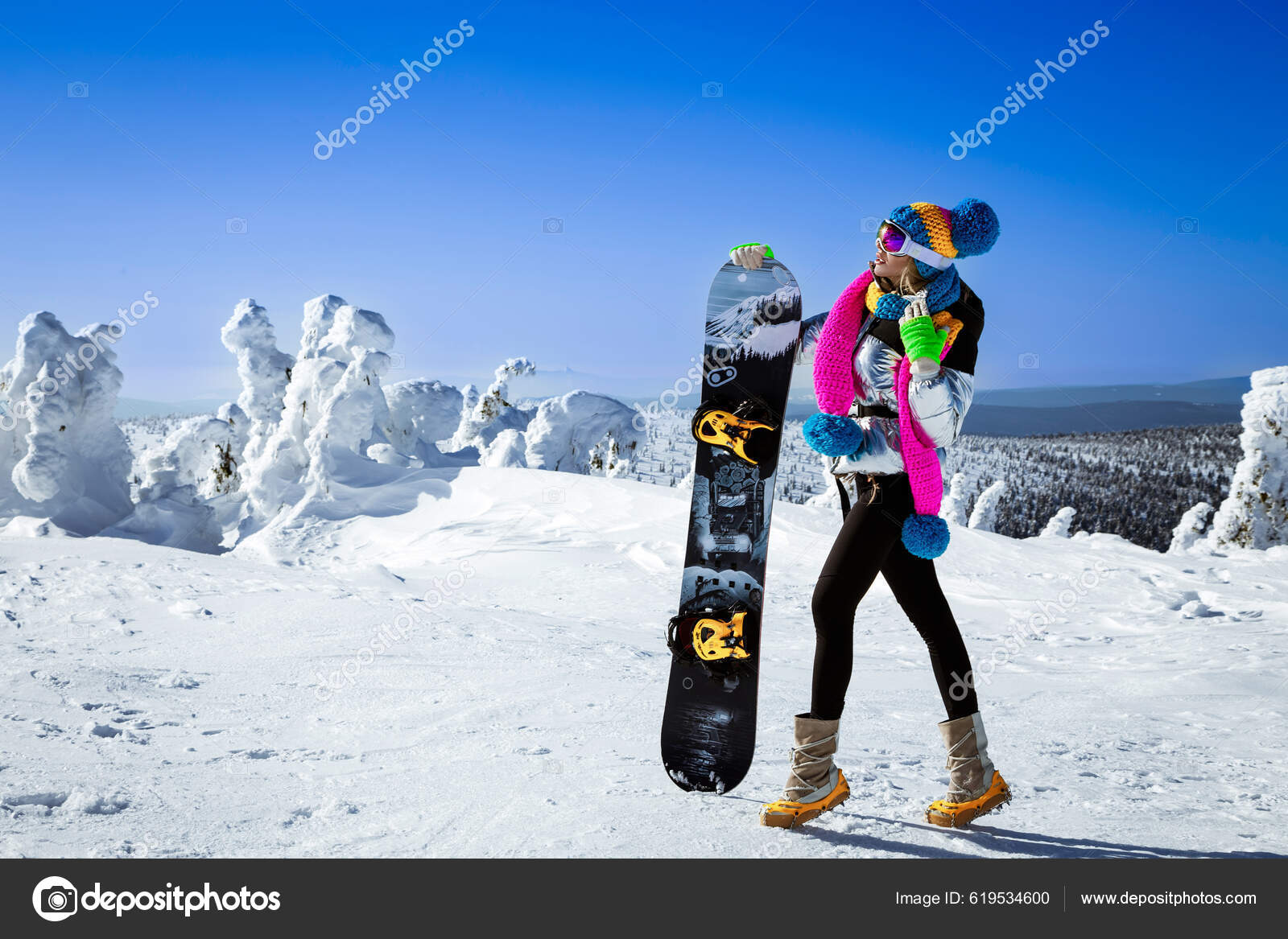 Girl Snowboarder Enjoys Ski Resort Beautiful Woman Winter Outfit Posing  Stock Photo by ©marcink3333 619534600