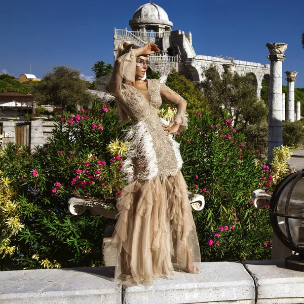 Glamour Stylish Elegant Woman Long Gown Feather Dress Posing Need — Stock Photo, Image