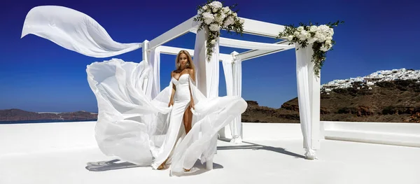Stílusos Elegáns Menyasszony Fehér Hosszú Villogó Esküvői Ruha Pózol Esküvői — Stock Fotó