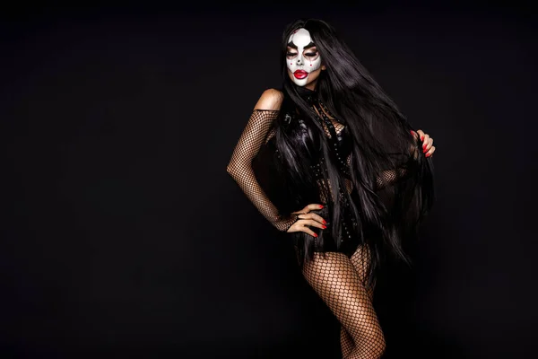 Mulher Sexy Uma Maquiagem Halloween Traje Fundo Preto Maquiagem Halloween — Fotografia de Stock
