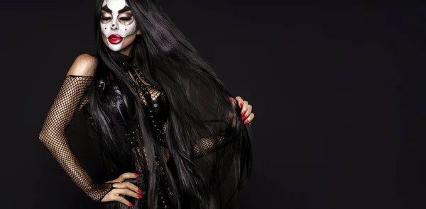 Sexig Kvinna Halloween Smink Och Kostym Svart Bakgrund Halloween Makeup — Stockfoto