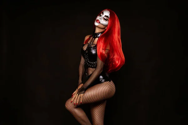 Mujer Sexy Maquillaje Halloween Traje Sobre Fondo Negro Halloween Maquillaje —  Fotos de Stock