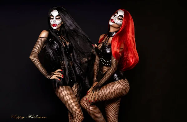Femme Sexy Dans Maquillage Halloween Costume Sur Fond Noir Concept — Photo
