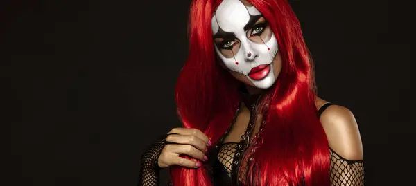 Sexy Vrouw Een Halloween Make Kostuum Zwarte Achtergrond Halloween Make — Stockfoto