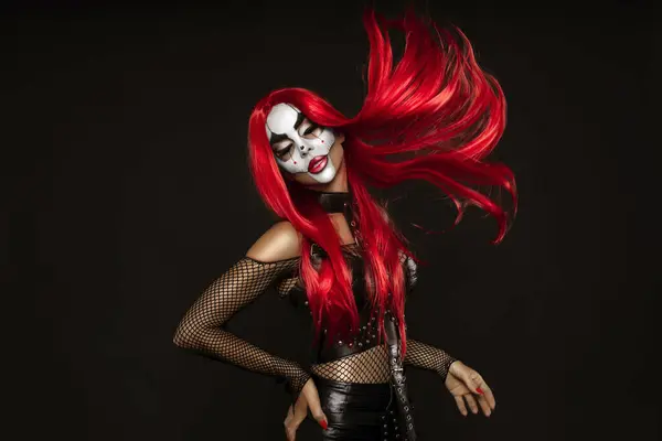 Mujer Sexy Maquillaje Halloween Traje Sobre Fondo Negro Halloween Maquillaje —  Fotos de Stock