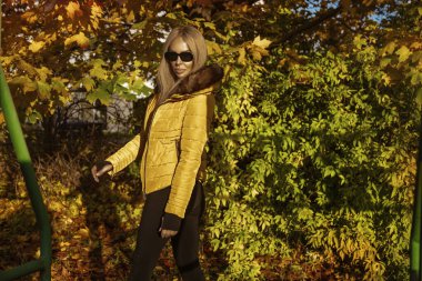 Kışlık ceket giyen güzel bir kadın güneşli bir sonbahar gününde dışarıda poz veriyor..