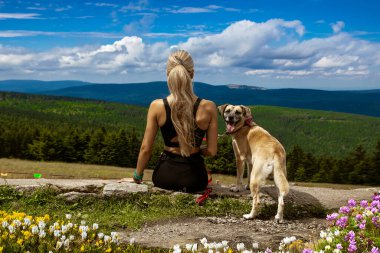 Gülümseyen dişi köpek sahibi yaz mevsiminde birlikte yürüdükleri sırada dağ nehri şelalesinde dinlenen arkadaşına sarılıyor. İnsan ve evcil hayvanlar ya da doğa konsepti imajı.