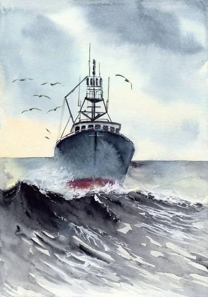 Illustration Aquarelle Bateau Pêche Dans Une Mer Agitée Bleu Foncé — Photo