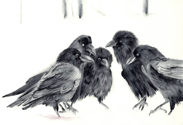Watercolor illustration of five black crows standing in a circle on white snow in winter