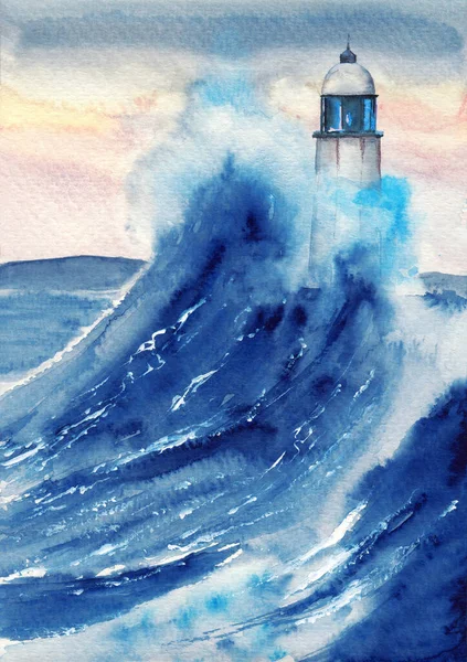 Акварельная Иллюстрация Маяка Посреди Бушующего Тёмно Синего Океана Фоне Жёлтого — стоковое фото