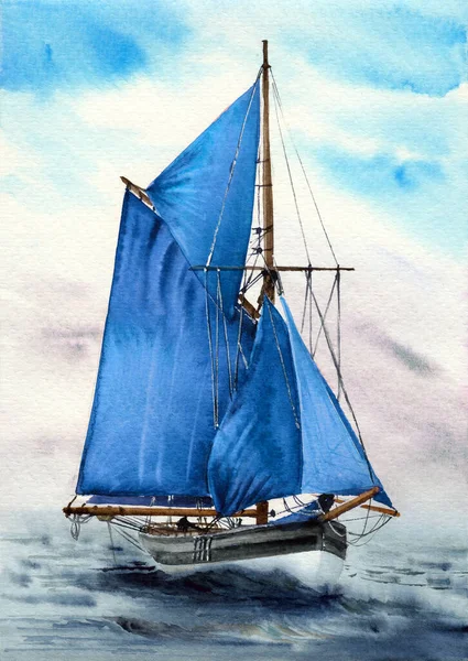 Watercolor illustration of a white yacht with bright blue sails in a stormy blue ocean