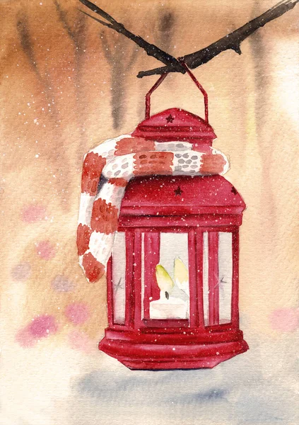 Aquarel Illustratie Van Een Rode Kerst Lantaarn Met Een Kaars — Stockfoto