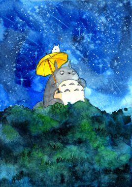 Watercolor illustration of Totoro sitting on a green tree with a yellow umbrella under a blue night sky strewn with stars clipart