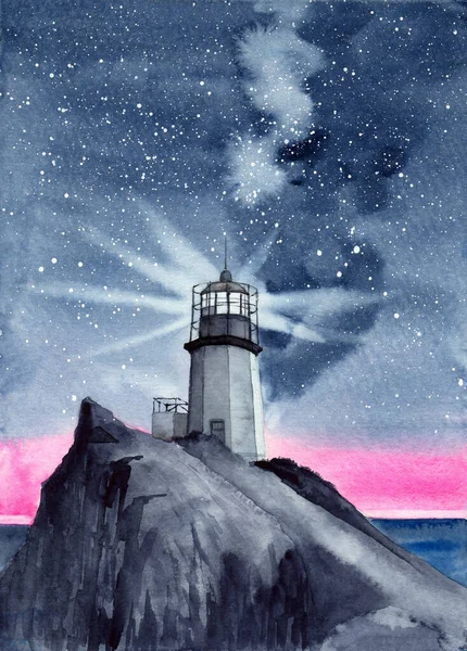 Aquarell Illustration Eines Weißen Leuchtturms Auf Einem Hohen Felsigen Hügel — Stockfoto