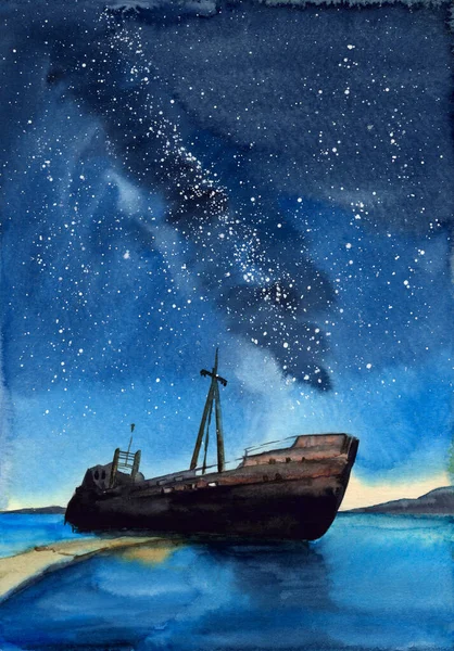 Акварельная Иллюстрация Древнего Заземленного Корабля Темно Синим Ночным Небом Усыпанным — стоковое фото