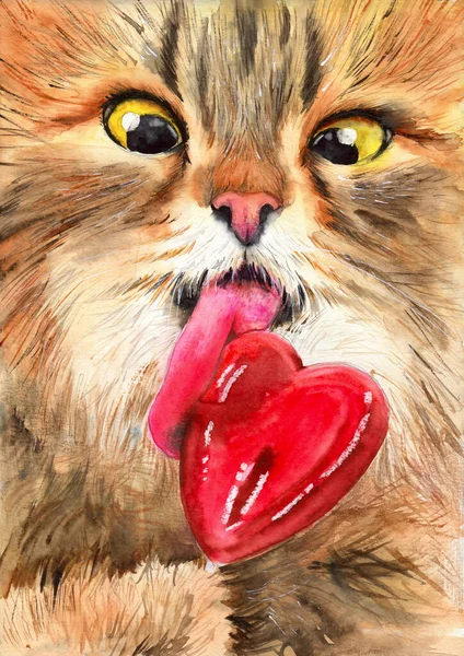 水彩画的是一只黄色眼睛的滑稽毛茸茸的姜黄猫 它的爪子上握着一颗红心状的棒棒糖 在舔它 — 图库照片