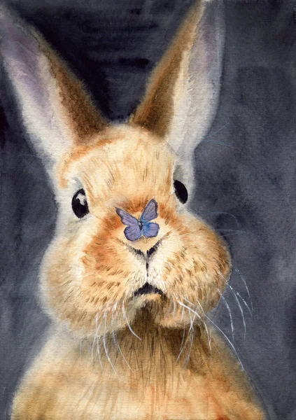 Watercolor Illustration Fluffy Cute Fawn Rabbit Blue Butterfly Tip Its — Foto de Stock