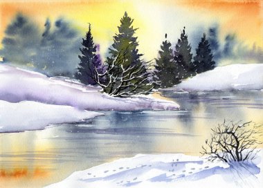 Watercolor illustration of a winter landscape with fir trees on a snowy river bank reflecting in the water against a yellow-orange sunset sky