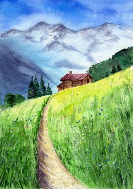 Yeşil bir tarladan geçerek uzak karlı dağlara ve mavi gökyüzüne uzanan ahşap bir kulübeye uzanan suluboya manzarası.