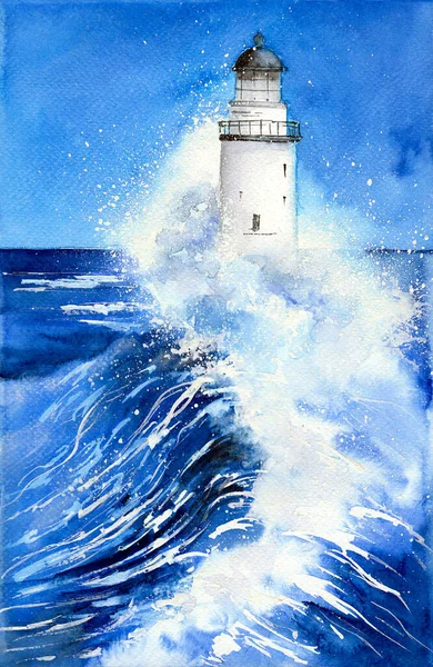 Aquarel Illustratie Van Een Vuurtoren Een Stormachtige Blauwe Zee Met — Stockfoto