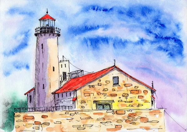 Watercolor illustration of a lighthouse with a stone building under a red roof standing on a stone pier