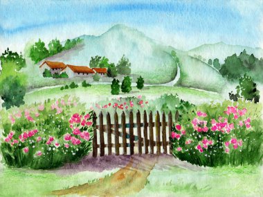 Yeşil tepeler, ağaçlar, ahşap çitler ve ön planda çiçek açan gül çalıları olan bir manzaranın suluboya çizimi