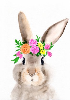 Boş arka planda pembe kulakları olan sevimli, tüylü, gri bir tavşanın suluboya çizimi