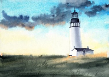 Watercolor illustration of a white lighthouse in a field with tall grass against a pink and blue sky with a large white moon