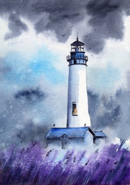Watercolor illustration of a white lighthouse on a purple lavender field under a dark stormy sky