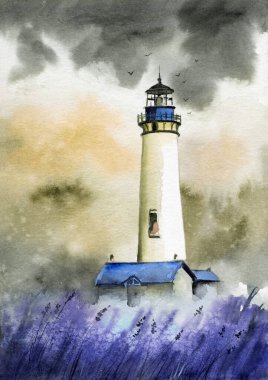 Watercolor illustration of a white lighthouse on a purple lavender field under a dark stormy sky