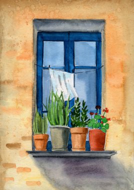 Watercolor illustration of an old blue window with clay colorful flower pots on the windowsill