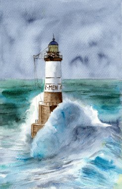 Watercolor illustration of the Ar Men lighthouse at one end of the Chausse de le de Sein, at the west end of Brittany in a stormy sea