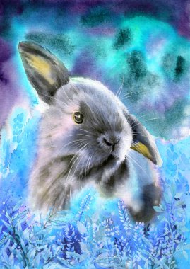  Watercolor picture of a cute fluffy rabbit on the field of blue flowers with the blue and purple background